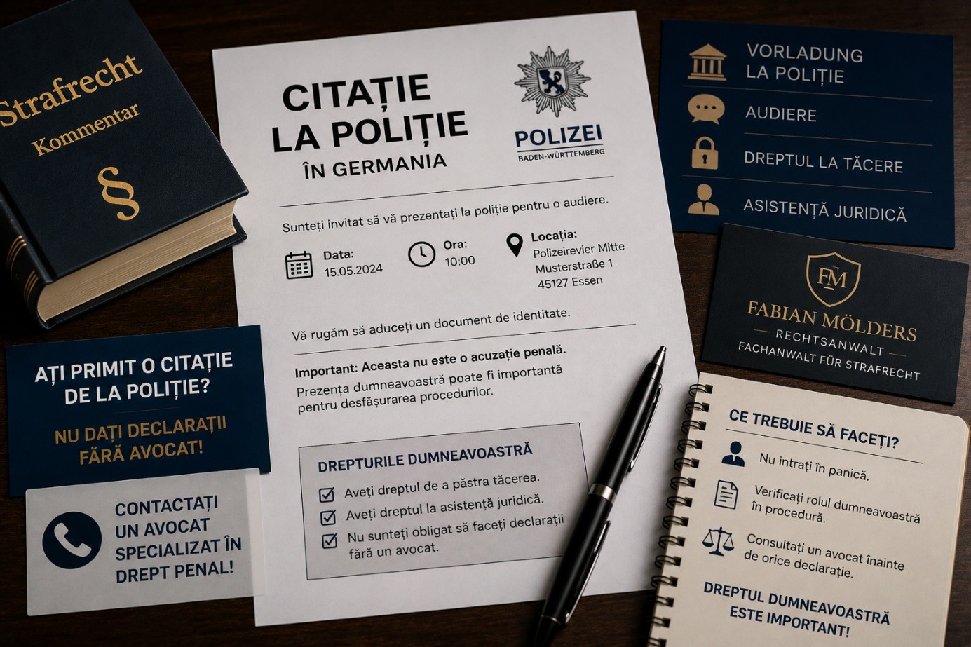 : Citație la poliție în Germania – dreptul la tăcere și avocat penal pentru cetățeni români