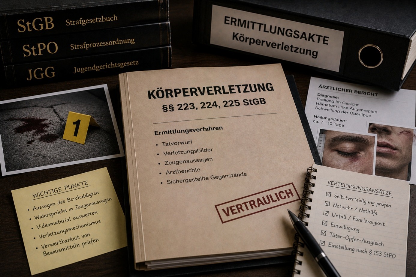 Körperverletzung nach § 223 StGB – Ermittlungsverfahren mit Verletzungsbild, Arztbericht und Zeugenaussagen